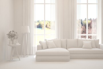 White minimalist living room with sofa. Scandinavian interior design. 3D illustration