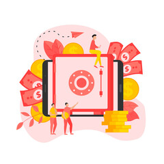 Online safe box with money saving dollar coins. Finance concept	
