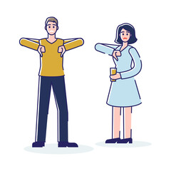 Man and woman with dislike signs showing thumbs down gesture. Bad customer evaluation