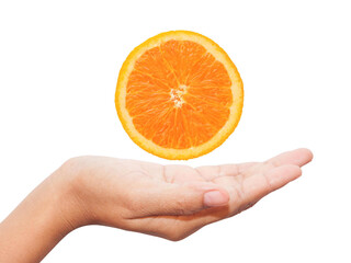hand holding half of orange isolated on white background