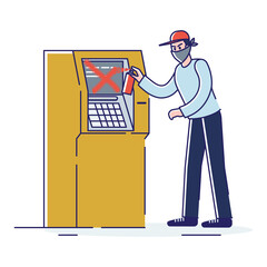 Man in mask painting on atm machine. Street vandal and vandalism concept