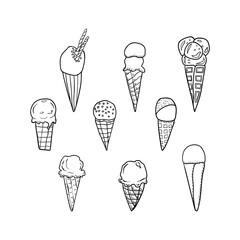 Ice cream icons set in sketch style. Hand drawn vector illustrations