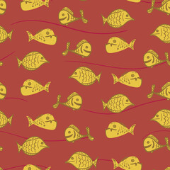 Yellow fish seamless vector pattern on rusty background. Sealife surface print design. For fabrics, textiles, stationery, and packaging.