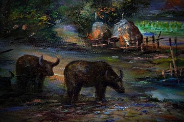 Naklejka premium hand painted original impressionism painter art painting oil color nature hut northeast agriculturist rural thailand countryside mix colors unique concept academy gallery of art fragment of artwork