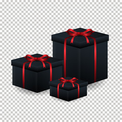 Various Black Gift Box with red ribbon and bow, over Transparent background Vector Illustration.