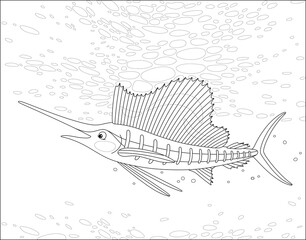 Large marine swordfish swimming in a deep tropical sea, black and white outline vector cartoon illustration for a coloring book page