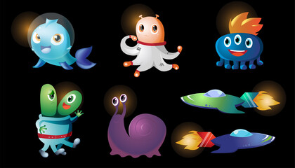 Set of funny aliens and spaceships. UFO. Vector colorful aliens illustration. Cartoon characters. Isolated arts.