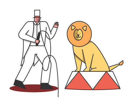 Circus lion with tamer man. Trainer train wild cat with whip for performance