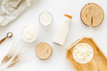 Cottage cheese, milk, cream. Healthy food for breakfast top view