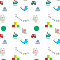Seamless pattern of children's colorful toys: boat, teddy bear, ball, pyramid, cubes, flags, yule, typewriter on a white background cartoon vector