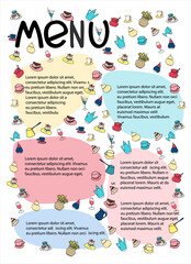 Cafe menu design with place for your text. Dessert menu template. Colorful holiday decoration with hand drawn cups, pots, glasses, cakes, pastry, flower vases on warm gray background