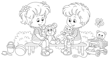 Cheerful small children sitting on a bench, talking and playing with their funny toys on a summer playground in a park, black and white outline vector cartoon illustration for a coloring book page