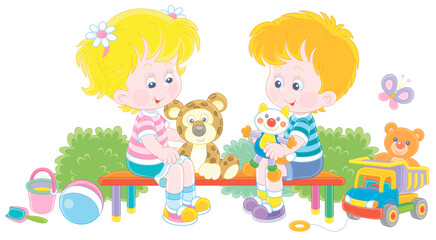 Cheerful small children sitting on a bench, talking and playing with their funny colorful toys on a summer playground in a park, vector cartoon illustration on a white background