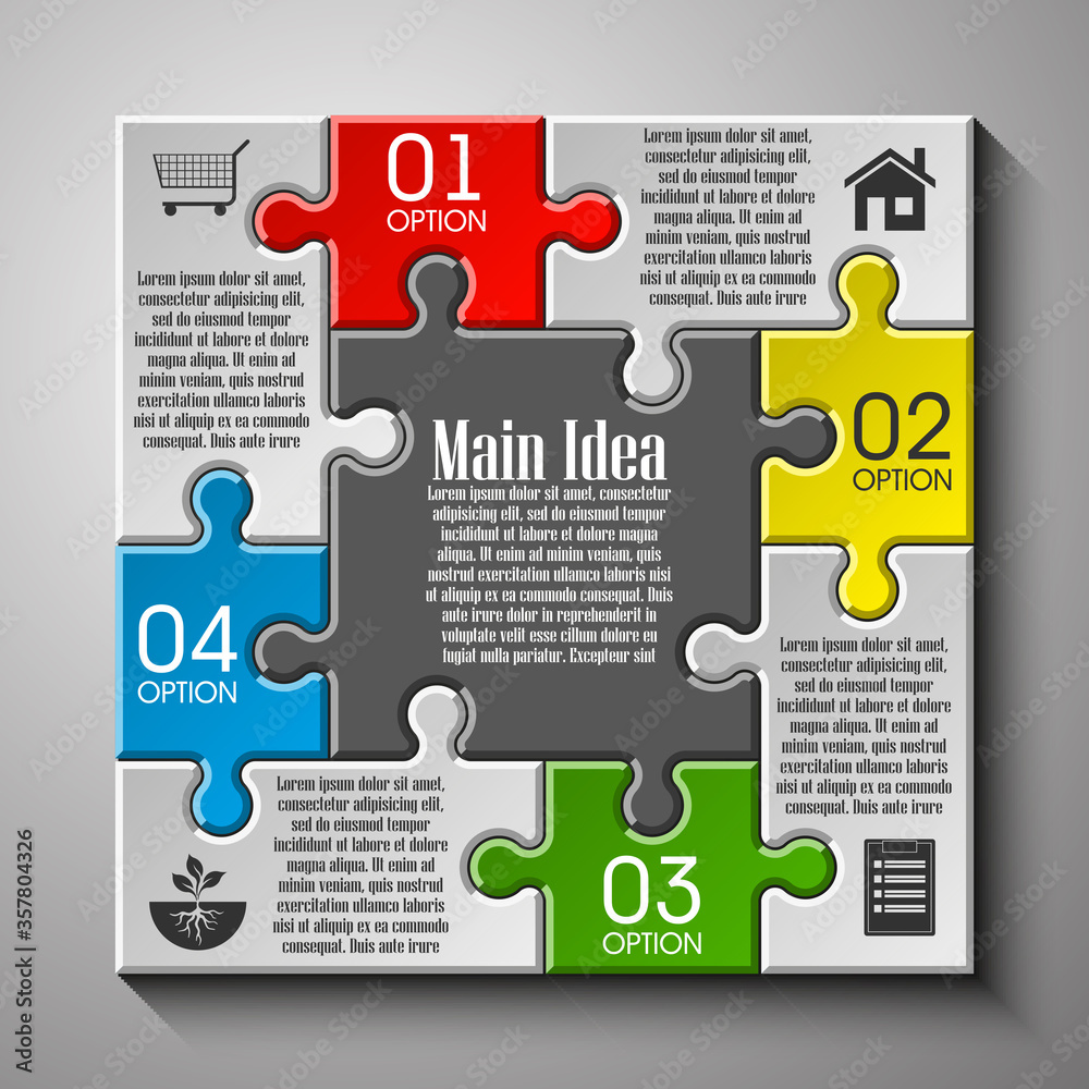 Leinwandbilder Four sided 3d puzzle presentation infographic template with explanatory text field for business statistics