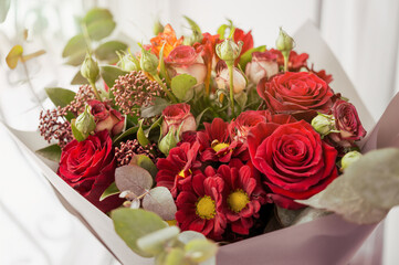 Festive luxury bouquet with red roses