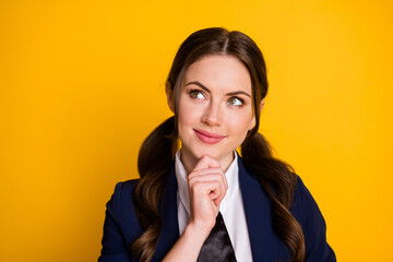 Close-up portrait of her she nice attractive pretty lovely creative cheery dreamy schoolgirl creating strategy learning memorize isolated on bright vivid shine vibrant yellow color background