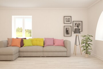 White living room with sofa. Scandinavian interior design. 3D illustration