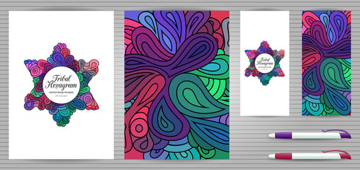 Doodle style hexagram corporate identity templates set . Colorful zentangle jewish design. Ethnic tribal flyer and document mockups.