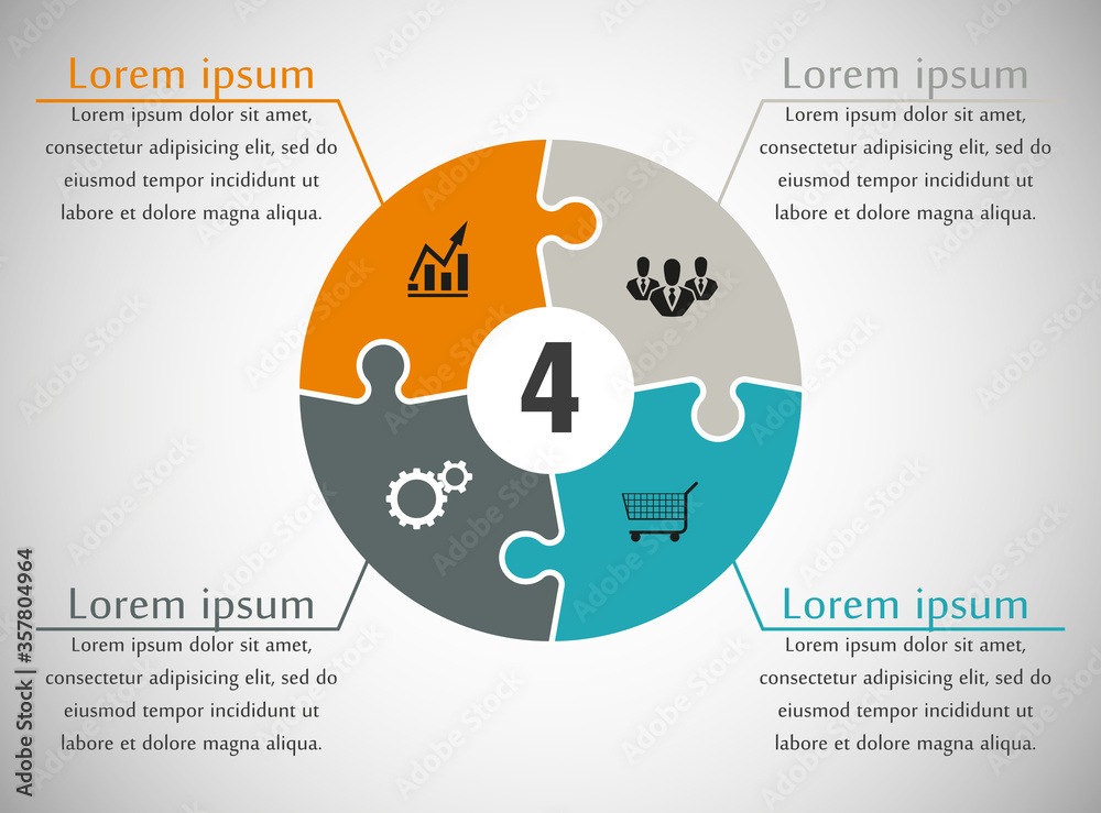 Fototapete four sided puzzle presentation infographic template with explanatory text field for business statist