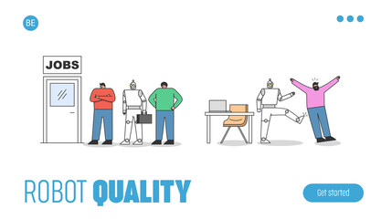 Landing page with human vs robots concept. Artificial intelligence and automation on workplace