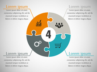 Four sided puzzle presentation infographic template with explanatory text field for business statistics