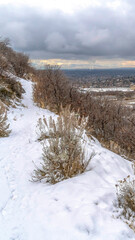 Vertical frame Snowy Provo Canyon mountain in winter overlooking the valley and overcast sky