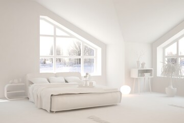 White bedroom interior. Scandinavian design. 3D illustration