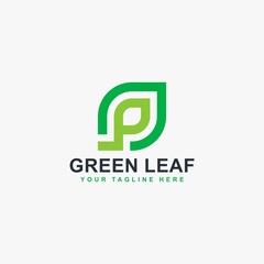 Green leaf line logo design vector. Leaf and monogram P abstract symbol.