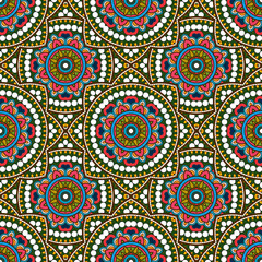 Seamless mandala pattern. Traditional indian round elements. Vector background for prints, wallpaper, textile. Stylized geometric flowers.