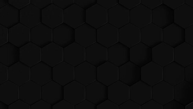 Abstract Hexagon Geometric Surface Loop 6 Black: dark minimal hexagonal grid pattern animation in deep midnight black. Clean background with glossy black hexagon shapes. Elegant feel. 4K