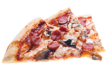 Hunting pizza with sausages, mushrooms and cheese sauce