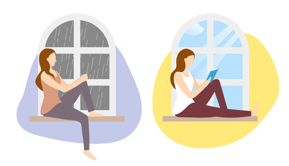 A woman sitting next to window, raining and sunny day