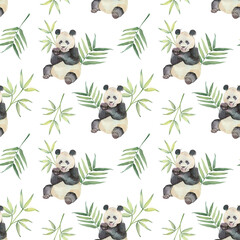 Watercolor seamless pattern with pandas and bamboo leaves