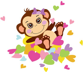 Obraz na płótnie Canvas Cute monkey girl lying on top of hearts 