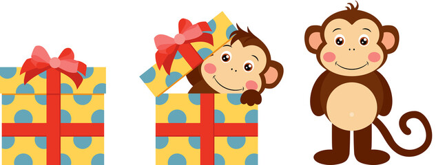 Cute monkey going out of blue gift with red ribbon bow
