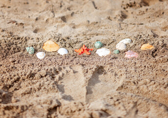 Frame of sea shells, seastar, in the Scandinavian style and the imprint of human feet on the sand