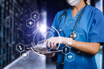 Medicine doctor touching electronic medical record on tablet. DNA. Digital healthcare and network connection on hologram modern virtual icon

