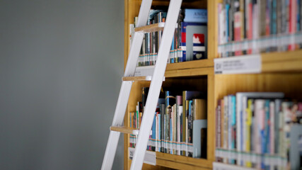 Modern rack of books or bookshelves with library ladder for grab a book with grey wall for copy space at library.