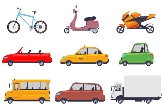 Car, truck, school bus, bike, moped and motorcycle vector cartoon set isolated on a white background.
