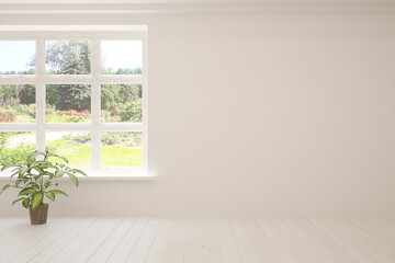 Fototapeta premium White empty room with summer landscape in window. Scandinavian interior design. 3D illustration