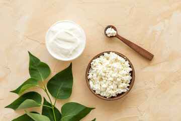 Cottage cheese with cream for breakfast from above