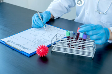 Professional doctors perform find virus tests from samples of blood tests to diagnose coronary...