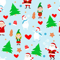 New Year and Christmas seamless pattern. Santa Claus, Mrs. Santa, elves, snowmen, Christmas trees, mittens and gingerbread cookies in cartoon style. Vector endless illustration on a blue background.