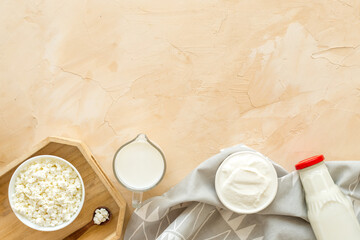 Dairy products - cottage cheese, milk, cream - top view copy space