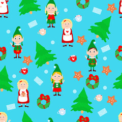 Obraz na płótnie Canvas Mrs. Santa, elves, Christmas trees, gingerbread cookies and letters on a blue background. Vector seamless pattern in cartoon style. Symbols of Christmas and New Year.