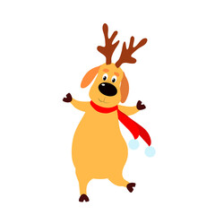 A happy and joyful Christmas deer is dancing or running. Cartoon character on a white isolated background. Vector stock illustration for winter holidays design.