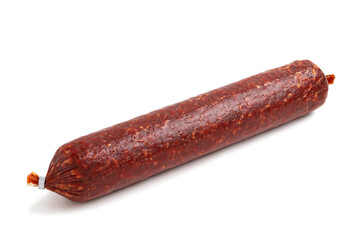 Stick of raw smoked sausage isolated on a white background with clipping paths with shadow and without shadow