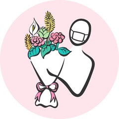 COVID-19 A logo that gives a bouquet to family, friends and lovers who cannot meet due to the coronavirus. An icon for deepening bonds with gifts. Hand drawn lines. vector.