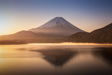 Lake Motosu and Mount Fuji at early morning in winter season. Lake Motosu is the westernmost of the Fuji Five Lakes and located in southern Yamanashi Prefecture near Mount Fuji Japan