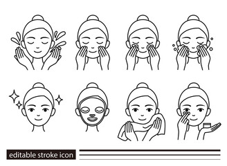 Editable stroke icon. A woman washing face